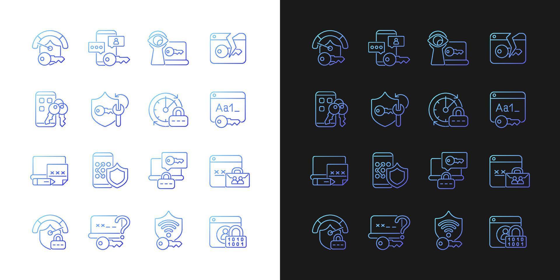 icone sfumate di gestione password impostate per la modalità scura e chiara. smartphone e protezione del computer. pacchetto di simboli di contorno a linea sottile. raccolta di illustrazioni vettoriali isolate su bianco e nero