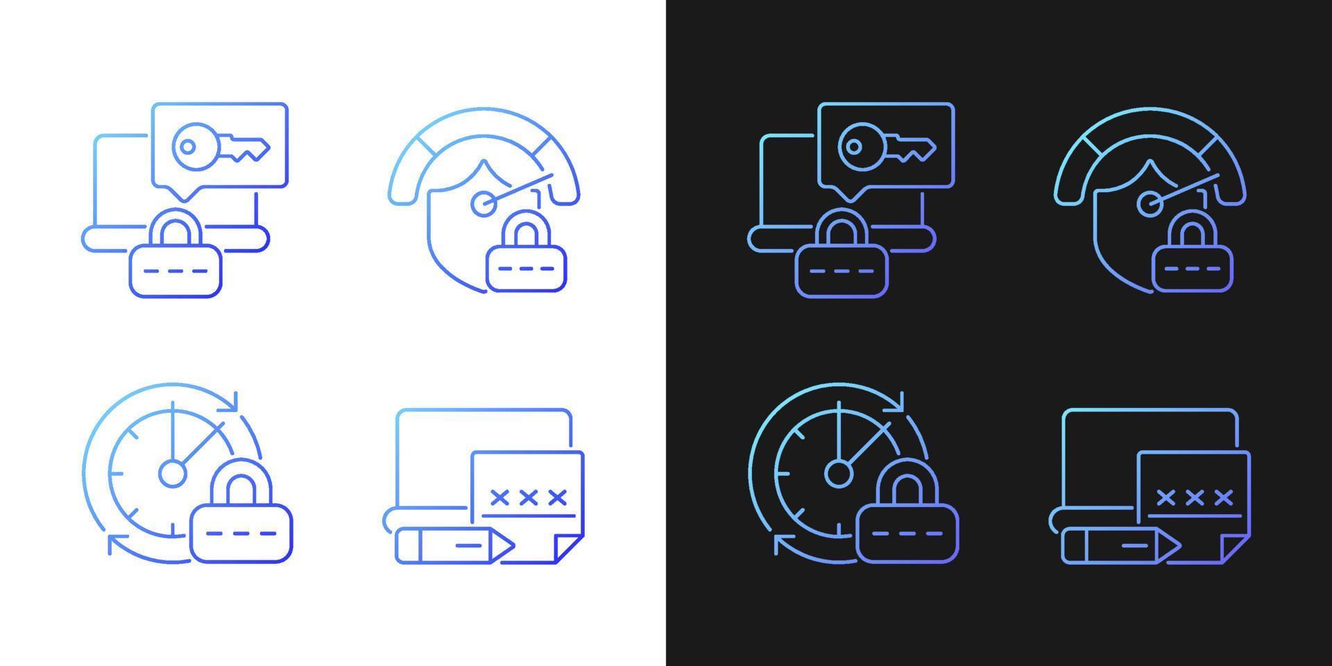 icone sfumate per le password del laptop impostate per la modalità scura e chiara. requisito di sicurezza del computer. pacchetto di simboli di contorno a linea sottile. raccolta di illustrazioni vettoriali isolate su bianco e nero