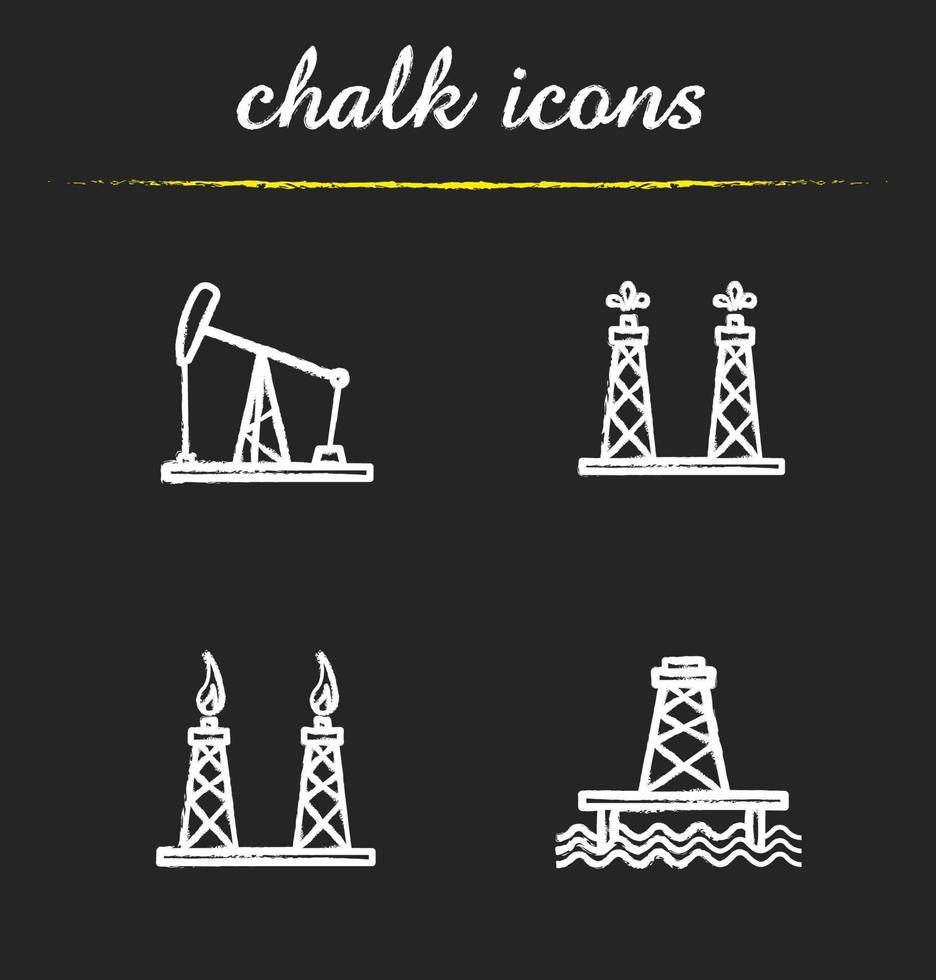 set di icone di gesso piattaforme petrolifere. illustrazioni di perforazione, pozzo offshore, produzione di gas e petrolio. disegni di lavagna vettoriali isolati