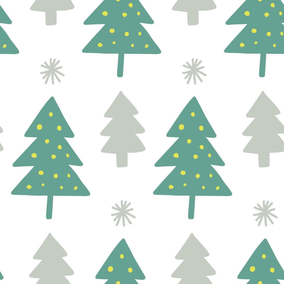 carino inverno seamless sfondo con albero di natale semplici scarabocchi e fiocchi di neve in stile infantile disegnato a mano. trama di sfondo festivo per le vacanze di capodanno stagionale, stampa. vettore