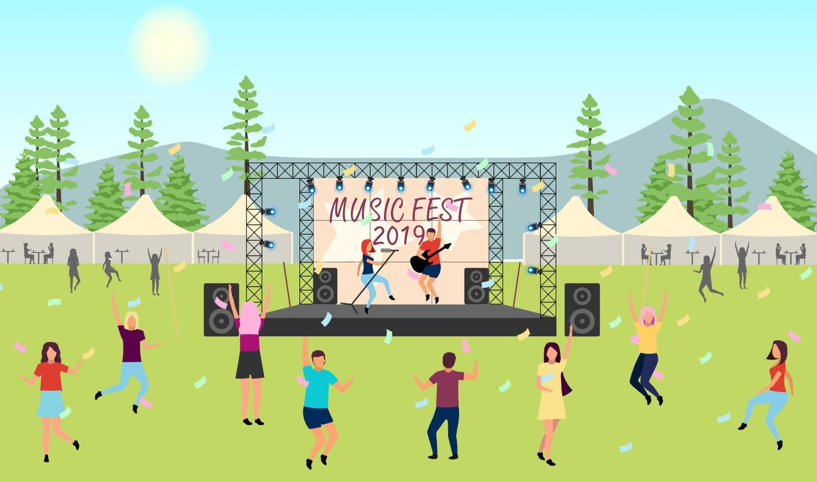 festival di musica 2019 piatto illustrazione vettoriale. spettacolo dal vivo all'aperto. rock, concerto di musicisti pop, festa nel parco, campo. estate divertente attività all'aperto. personaggi dei cartoni animati che ballano vettore