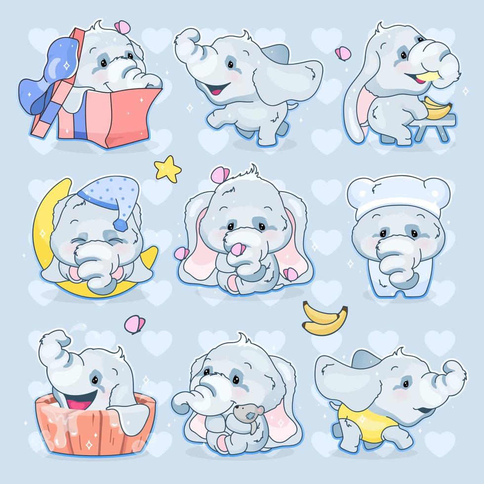 simpatici elefanti kawaii set di caratteri vettoriali dei cartoni animati. adorabile e divertente animale diverse pose ed emozioni isolate adesivo, patch. anime baby boy elefanti emoji su sfondo blu