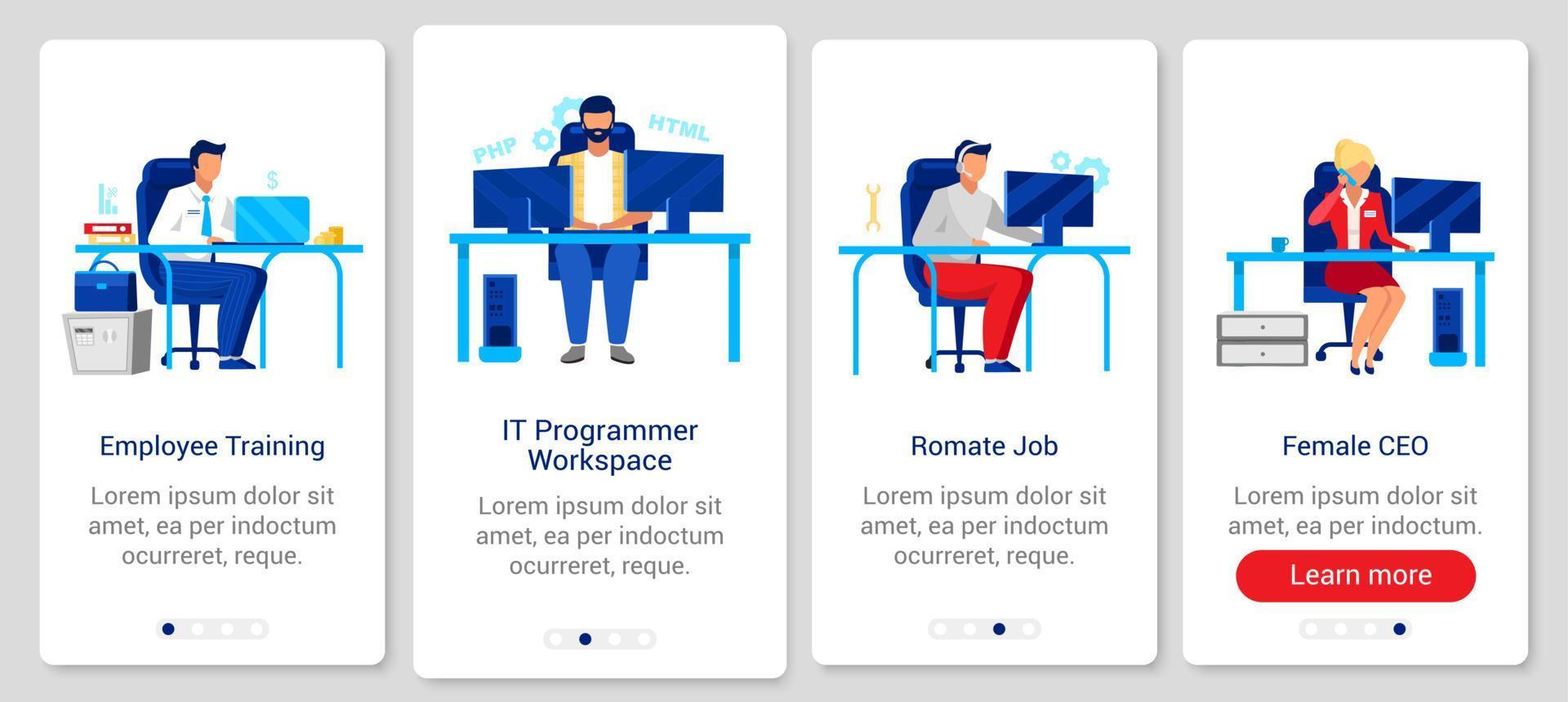 modello di vettore dello schermo dell'app mobile onboarding stile di vita aziendale. procedura dettagliata del sito Web con caratteri piatti. ux, ui, gui smartphone concetto di interfaccia del fumetto. formazione dei dipendenti, lavoro a distanza