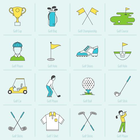 linea piatta icone di golf vettore