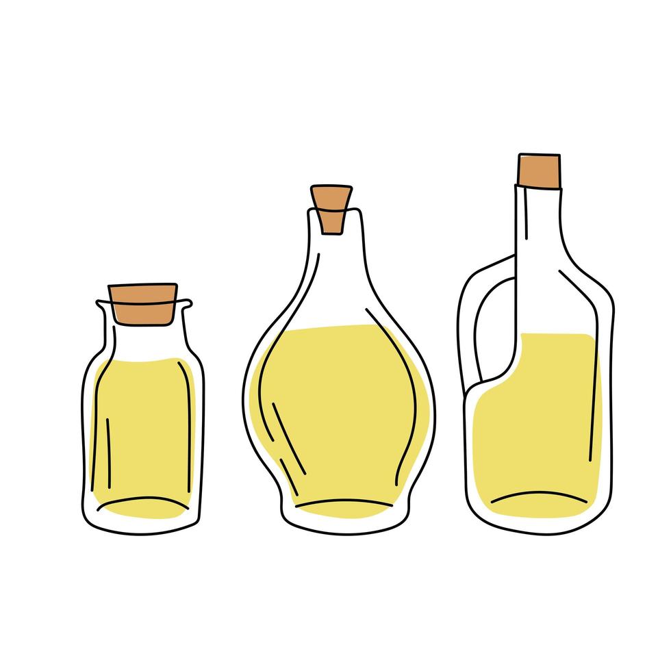 schizzo disegnato a mano - collezione di bottiglie di olio d'oliva. elementi di design vettore