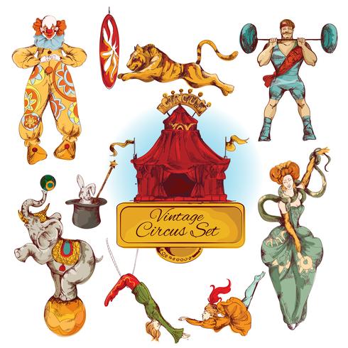 Set di icone colorate vintage circo vettore
