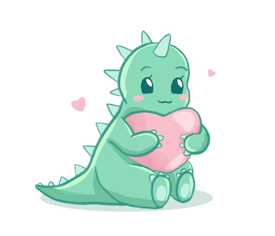 simpatico baby dino pastello che tiene un grande cuore rosa. disegno di bambini animali kawaii isolati vettore