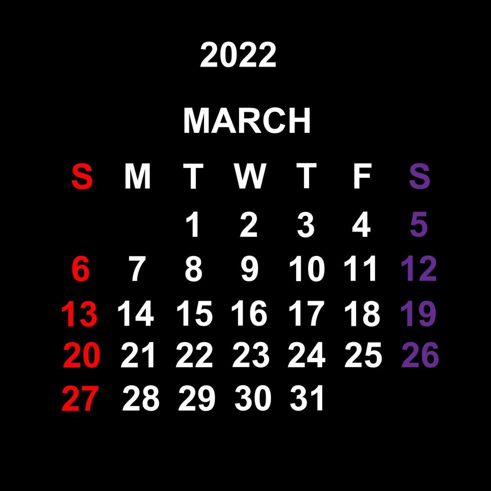 marzo 2022, design del modello di calendario su sfondo nero. la settimana inizia di domenica. vettore