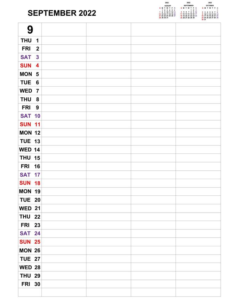 settembre 2022, design del modello di calendario per pianificatore mensile aziendale e note. la settimana inizia la domenica, il pianificatore mensile per l'anno 2021 e il disegno vettoriale di cancelleria.