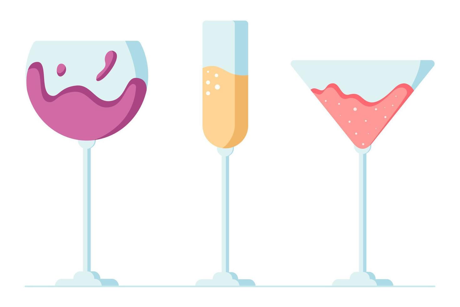 set con cocktail in vetro, vino, champagne e vermouth, festeggia, applausi e bevendo cocktail alcolici. fumetto illustrazione vettoriale in stile piatto.