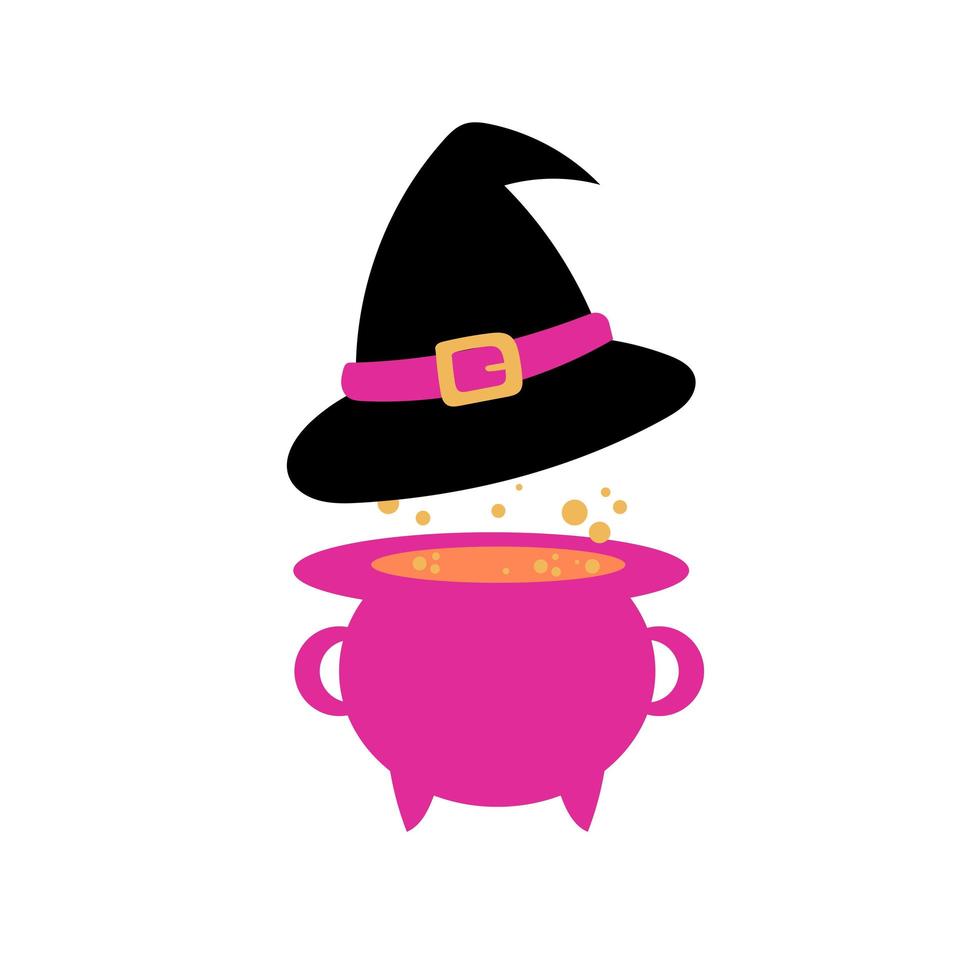 cappello da strega nero e calderone nei colori viola e rosa. illustrazione dei cartoni animati vettore