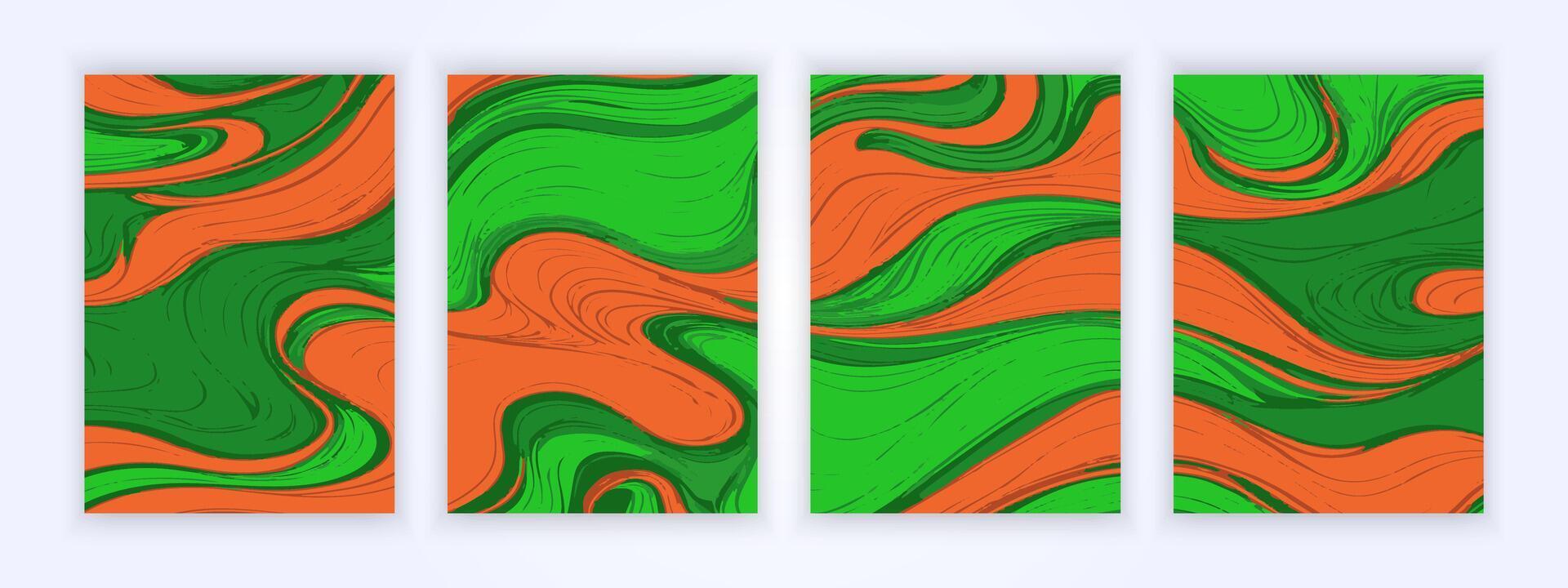 copertina di astratto fluido pittura modelli, semplice verde e arancia sfondi vettore