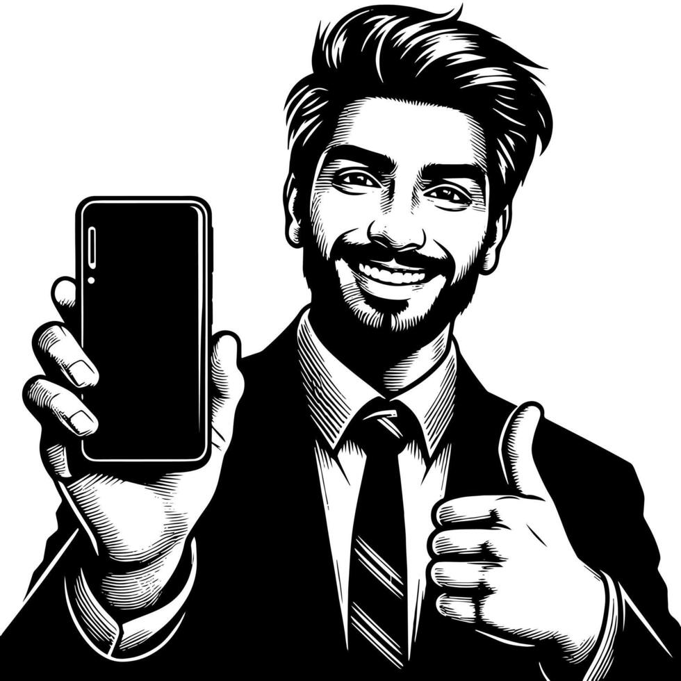 nero e bianca silhouette di un' indiano tipo con un' smartphone e pollici su vettore