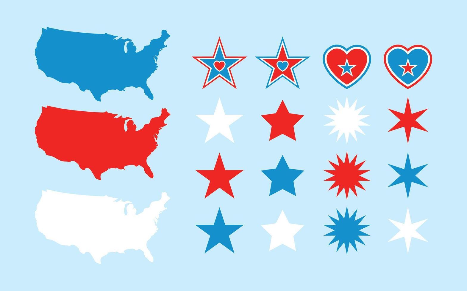 unito stati carta geografica silhouette, nazione forma disegno, rosso bianca e blu decorativo stelle e cuore icone vettore