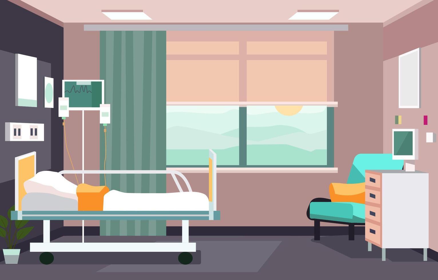 colorato ospedale ricoverato camera con letto e Salute medico attrezzature vettore