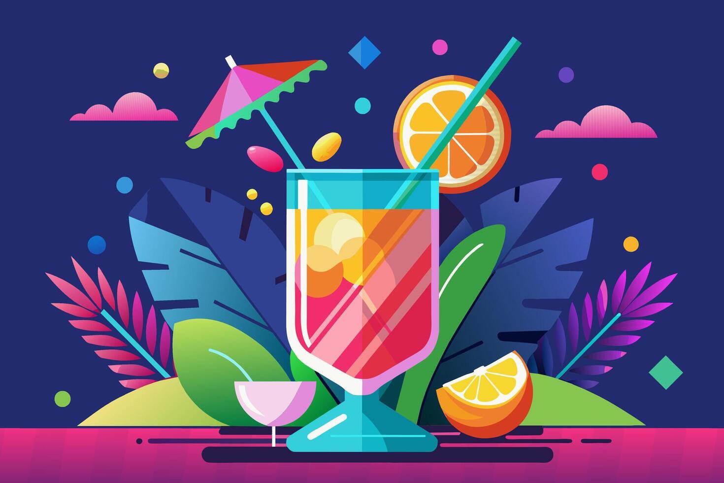 rinfrescante tropicale cocktail contro blu sfondo. vivace bevanda nel floreale ambientazione. concetto di estate bevande, rinfrescante bevande, esotico cocktail, tempo libero. grafico illustrazione vettore
