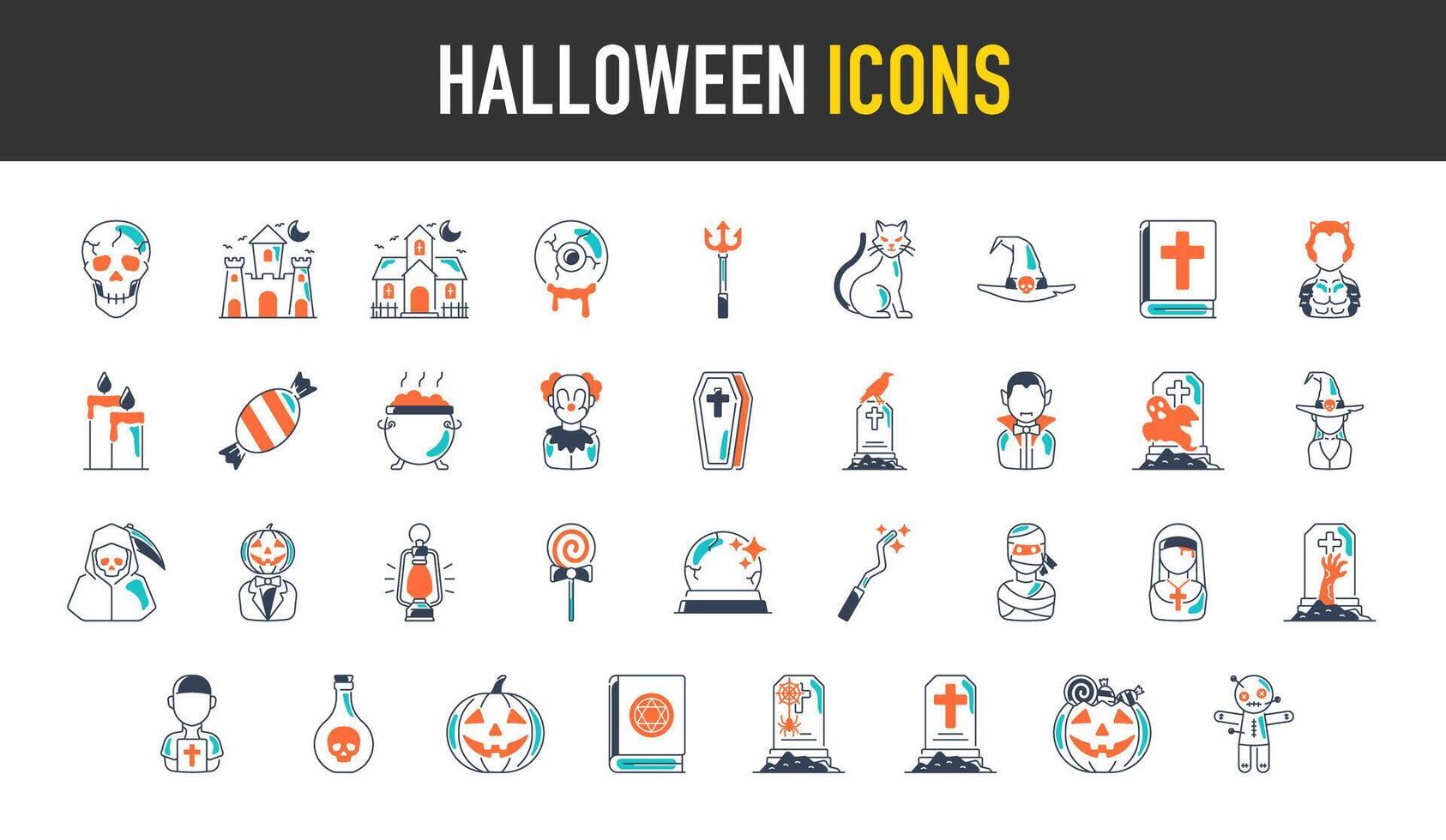 Halloween icona. come come angolo di Morte, maschera di assassino, pipistrello, fantasma, Casa, gufo, candela, nero gatto, caramella, lupo, cranio, Bibbia, corvo, zombie, lanterna, castello, clown, bara icona illustrazione vettore