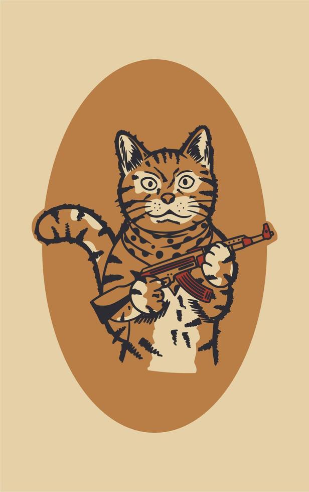 il gatto che tiene un'arma con un'illustrazione vintage di sfondo ovale arancione vettore