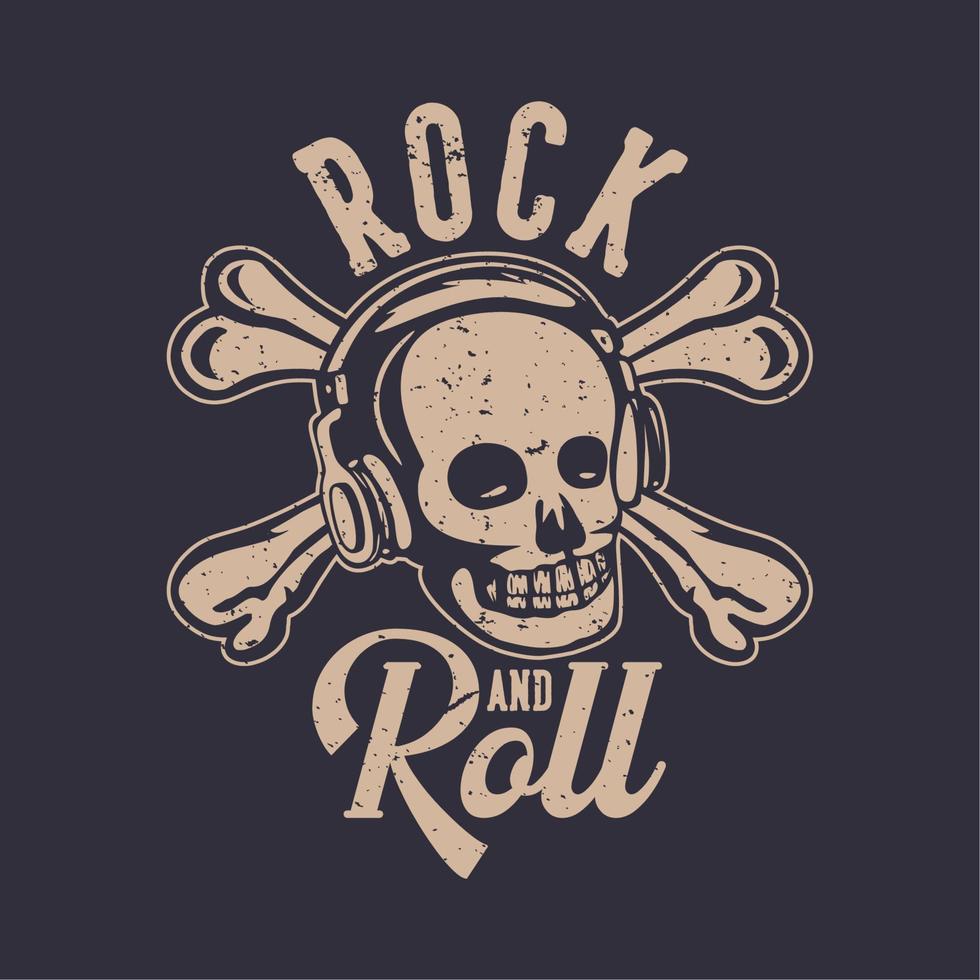 t shirt design rock and roll con illustrazione vintage teschio vettore