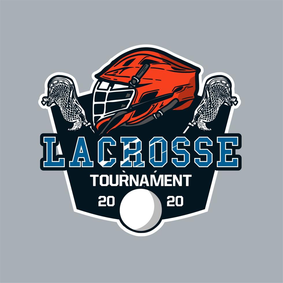 logo design torneo di lacrosse 2020 con casco da lacrosse, bastone e illustrazione vintage della palla vettore