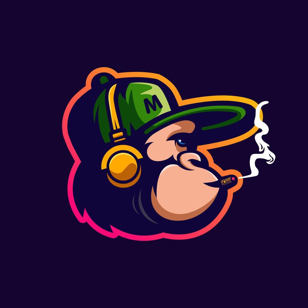scimmia che fuma indossando le cuffie mascotte logo design illustrazione vettoriale