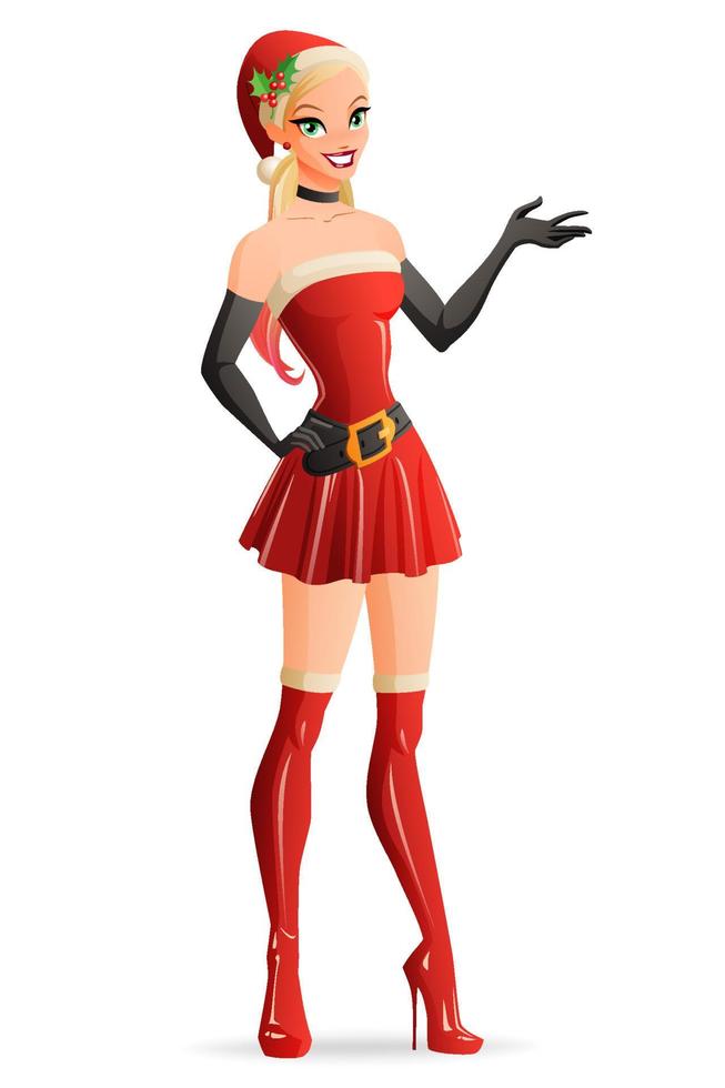 bella donna in costume di Babbo Natale rosso di Natale che presenta. illustrazione di vettore di stile del fumetto isolato su priorità bassa bianca.