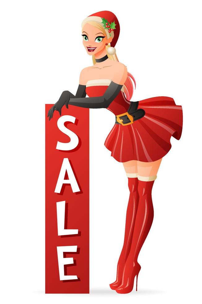 bella donna in costume rosso di babbo natale in piedi con banner di vendita verticale. illustrazione di vettore di stile del fumetto isolato su priorità bassa bianca.