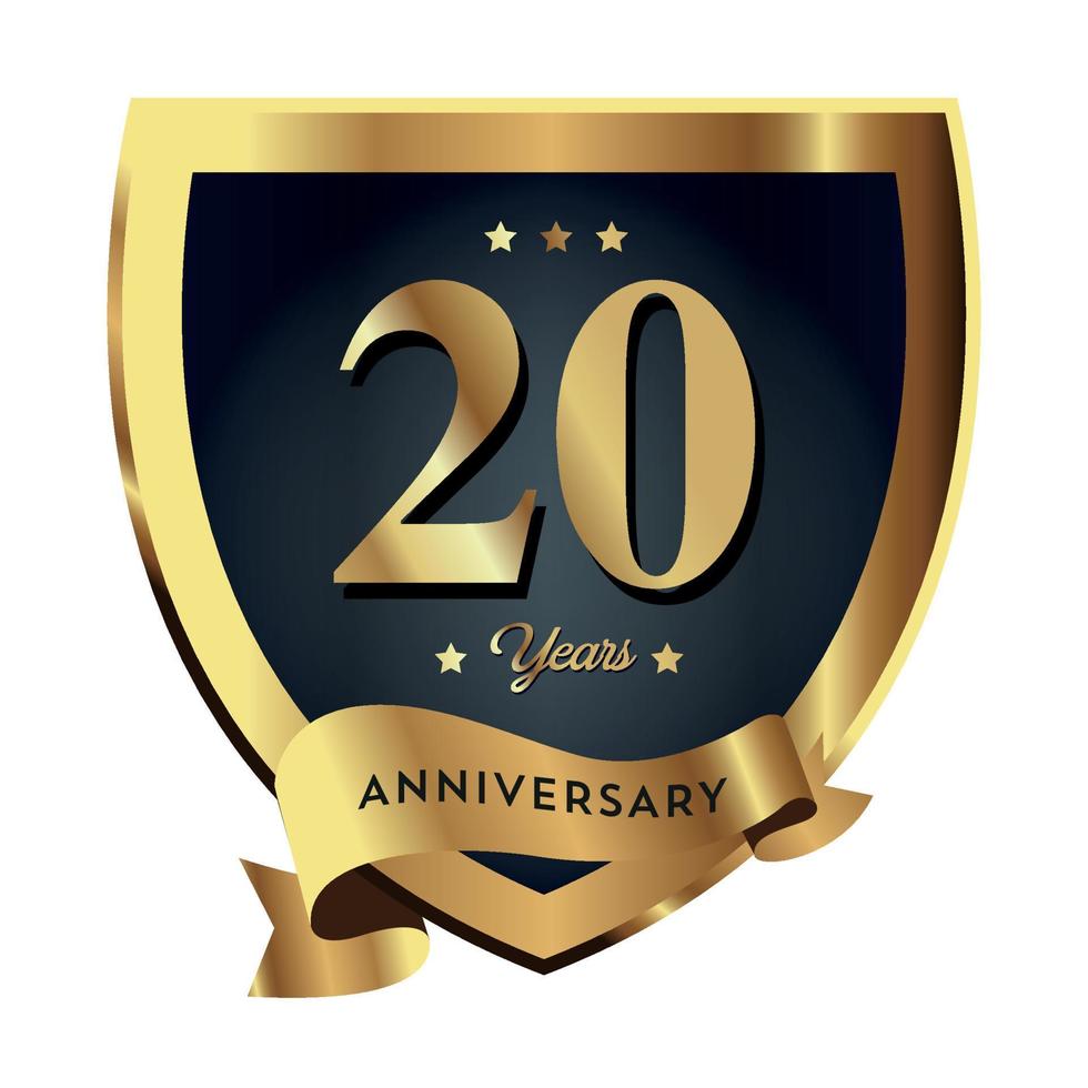 20° anniversario che celebra il fondo di affari dell'azienda di testo con i numeri. vettore celebrazione anniversario modello di evento scudo di colore rosso oro scuro