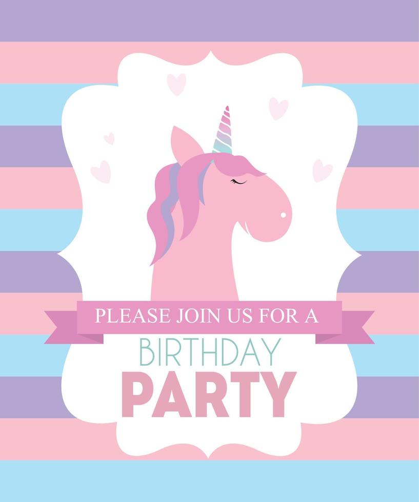 invito alla festa di compleanno con unicorno carino e fiore. illustrazione vettoriale