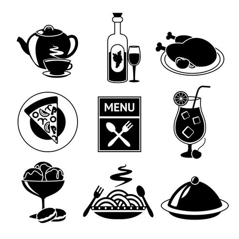 Icone dell&#39;alimento del ristorante in bianco e nero vettore