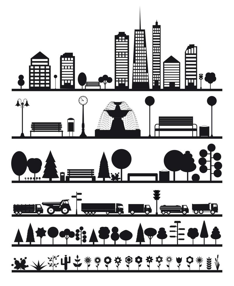 silhouette città, parco, foresta, elementi stradali vettore
