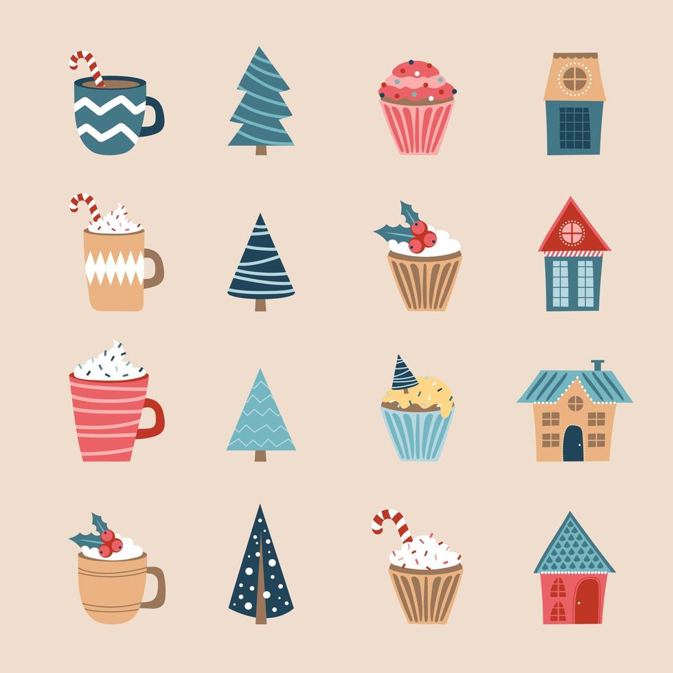 set di icone di buon natale. icone di vacanza. tazze, cupcakes, case e alberi vettore