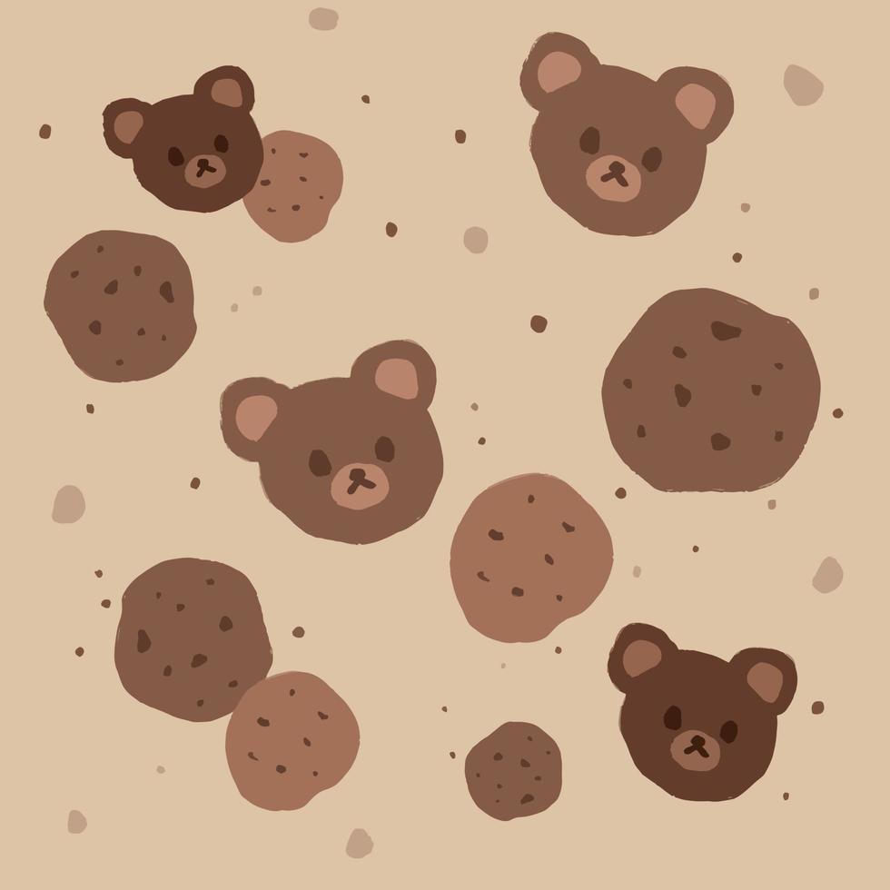 sfondo kawaii di biscotti al cioccolato e teste di orso. simpatico motivo quadrato disegnato a mano. biscotti kawaii kuma con briciole. trama di sfondo per stampa, tessile, carta da imballaggio. vettore eps 10