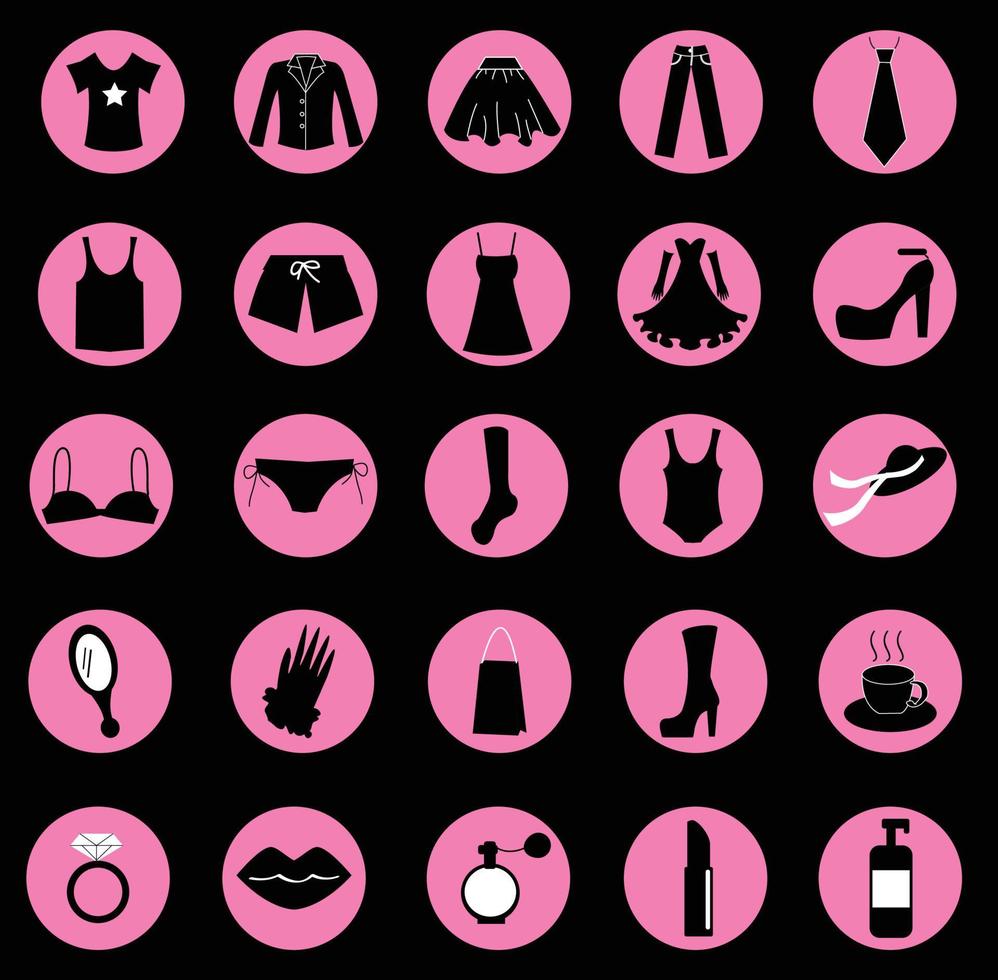 insieme di elementi di abbigliamento e accessori per lo shopping donna. icone vettoriali nere piatte isolate