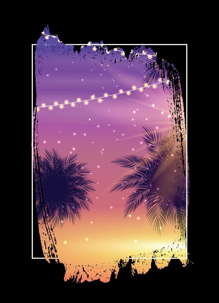 manifesto della spiaggia di notte d'estate. sfondo naturale tropicale con palme. decorazioni per tessuto, tessuto, illustrazione vettoriale di vestiti