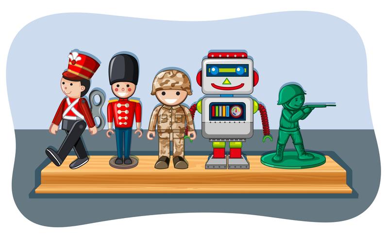 Figure del soldato e robot sullo scaffale di legno vettore