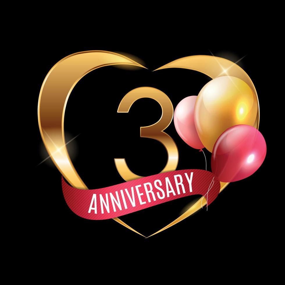 modello logo oro 3 anni anniversario con nastro e palloncini illustrazione vettoriale