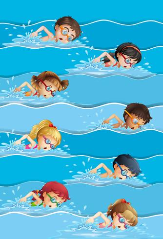 Molti bambini nuotano in piscina vettore