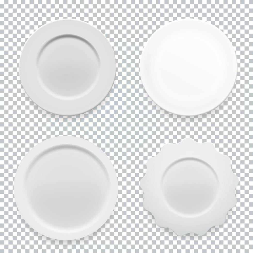 collezione di piatti tondi bianchi vuoti su sfondo trasparente per il tuo design. illustrazione vettoriale