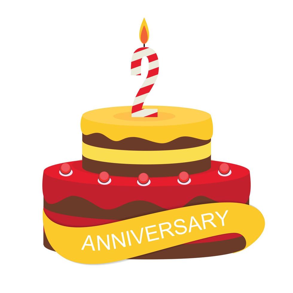 modello 2 anni anniversario congratulazioni, biglietto di auguri con torta, illustrazione vettoriale di invito