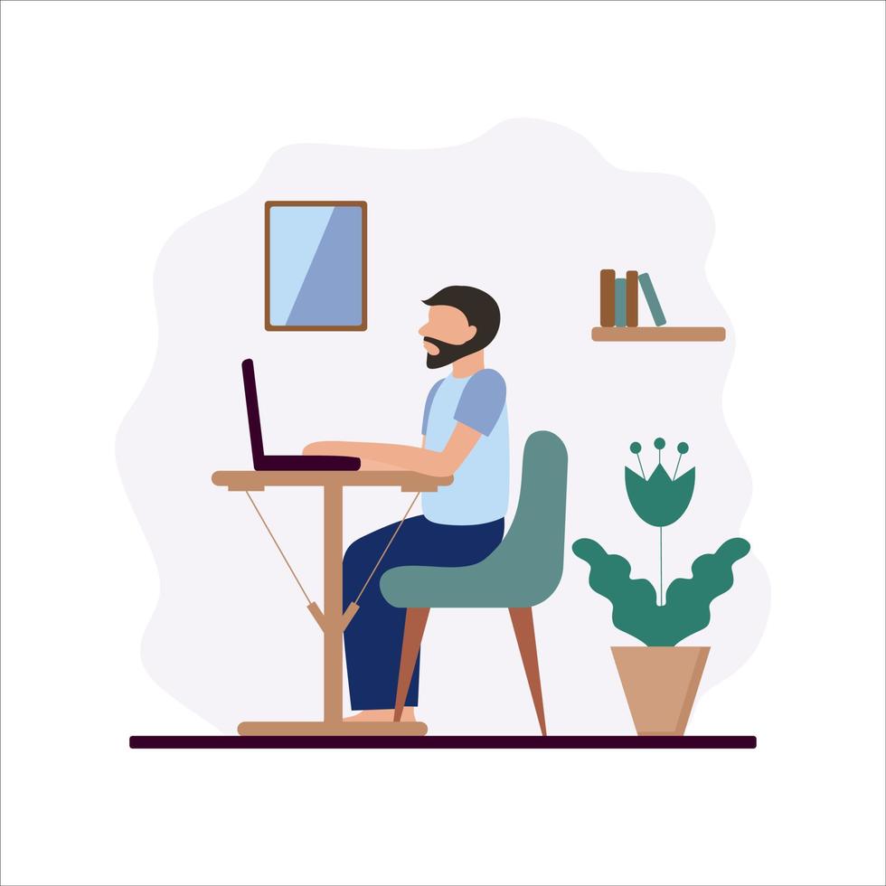 un uomo con la barba si siede a casa e lavora al computer. illustrazione vettoriale in stile piatto. il concetto di freelance, apprendimento online e lavoro da casa. isolamento e coronovirus.