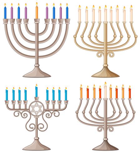 Happy Hanukkah con diversi modelli di candelabri vettore