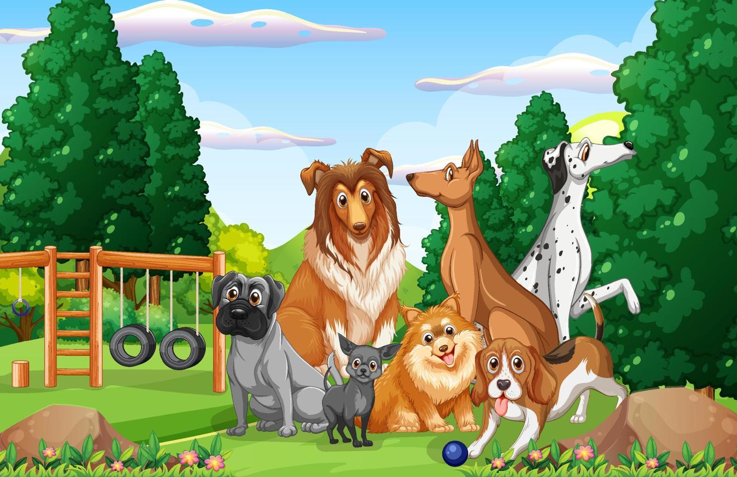 scena della natura del parco con molti cani diversi vettore