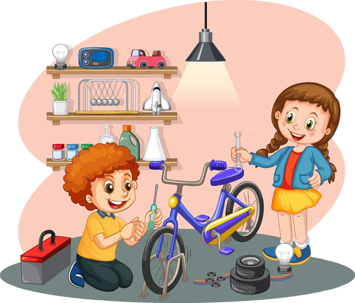 bambini che aggiustano una bicicletta insieme vettore