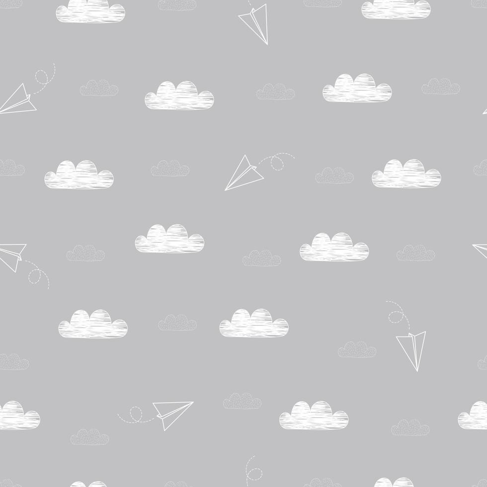 modello senza soluzione di continuità lo sfondo del cielo con nuvole bianche con un aeroplano di carta piegato design in stile cartone animato carino, utilizzato per la pubblicazione, confezione regalo, tessile, illustrazione vettoriale