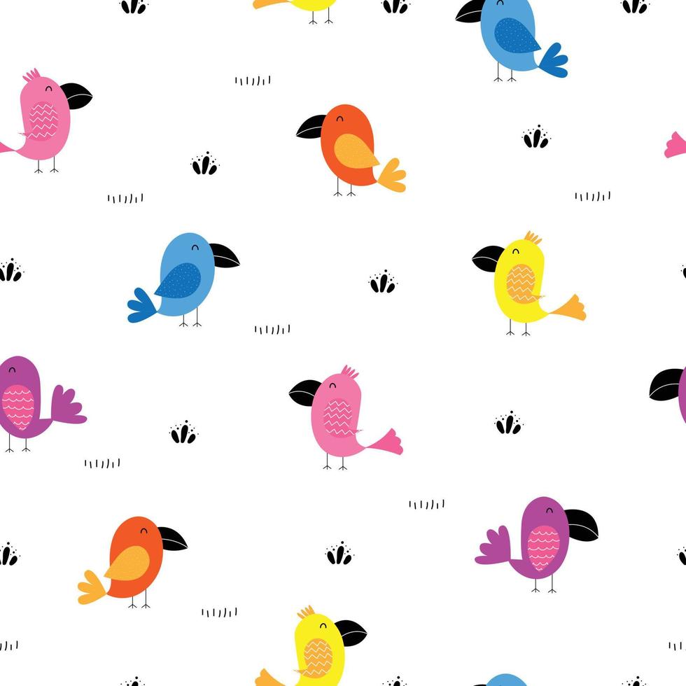 carino modello senza cuciture un uccello colorato in piedi accanto a un ciuffo di erba design in stile cartone animato su uno sfondo bianco illustrazione vettoriale