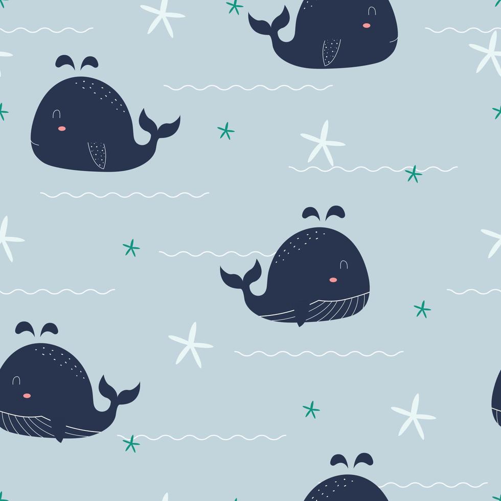 carino modello senza cuciture balena galleggiante nel mare con stelle marine e onde d'acqua. sfondo di personaggio animale dei cartoni animati dipinto a mano utilizzato per tessuto, tessile, moda, illustrazione vettoriale. vettore