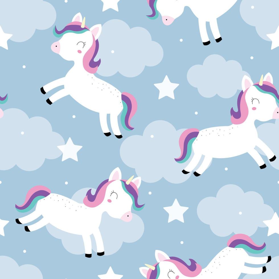 cavallo unicorno senza cuciture che galleggia nel cielo con nuvole e stelle. simpatico design in stile fumetto in una fiaba. utilizzato per la pubblicazione, abbigliamento, moda, tessuti, illustrazione vettoriale. vettore