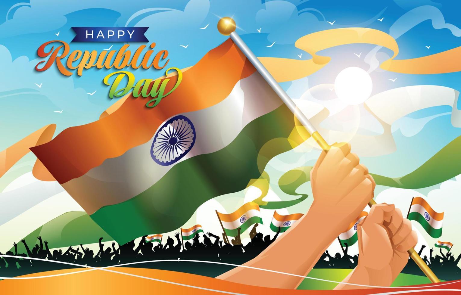 felice festa della repubblica con le mani che tengono la bandiera dell'india vettore