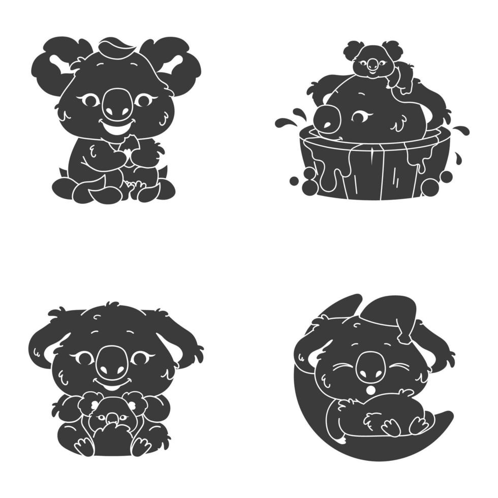 carino koala kawaii carattere glifo set di icone. adorabile e divertente animale che fa il bagno mangia eucalipto e adesivo addormentato. anime baby koala che gioca con la sagoma di emoji della mamma. illustrazione vettoriale isolato